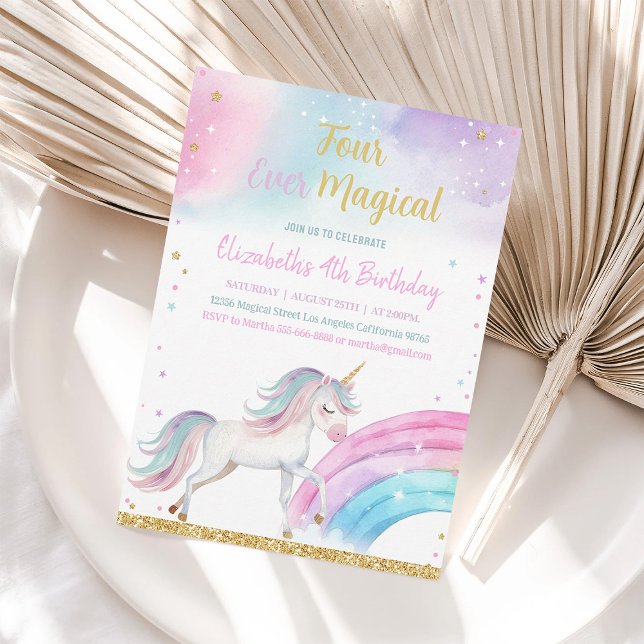 Fyra gånger magiska Unicorn 4e födelsedagen Inbjudningar (Skapare uppladdad)