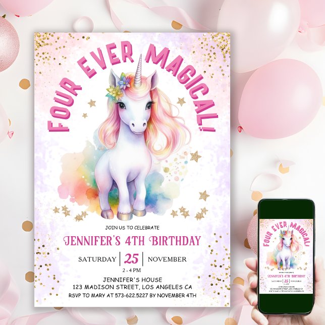 Fyra gånger magiska | Unicorn 4e födelsedagen Part Inbjudningar (#UnicornBirthdayInvitation #UnicornBirthdayInvitationTemplate #UnicornBirthdayInvitationEditable )