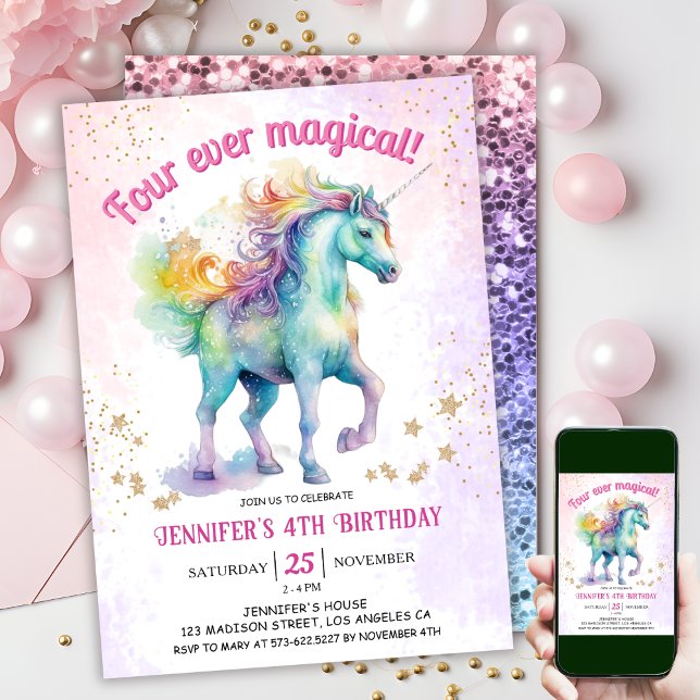 Fyra gånger magiska | Unicorn Glitter 4e födelseda Inbjudningar (
#UnicornBirthdayInvitation #UnicornBirthdayInvitationTemplate #UnicornBirthdayInvitationEditable )