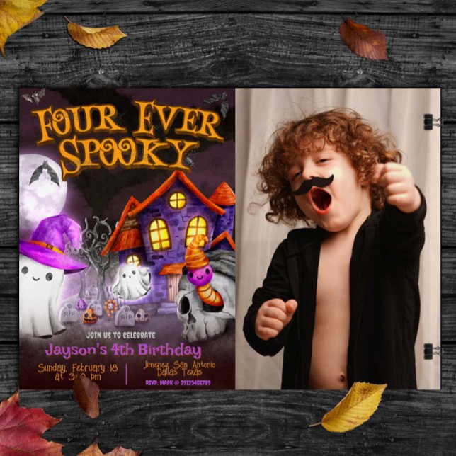 Fyra gånger om dagen - inbjudan till 4e födelsedag (Four Ever Spooky - 4th Birthday Invitation)