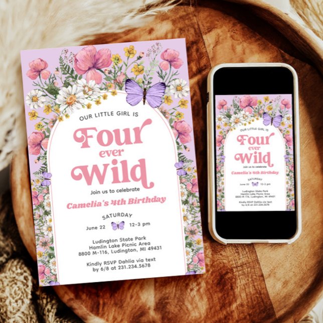 Fyra gånger om Vilden Butterfly Wildblomma 4e föde Inbjudningar (Four Ever Wild Butterfly Wildflower 4th Birthday Invitation)