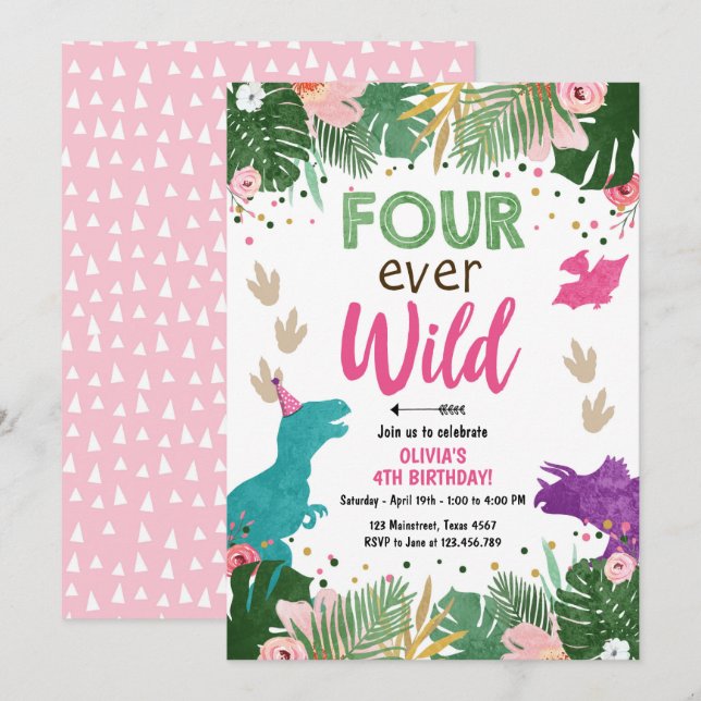 Fyra gånger om Vilden Dino Girl Rosa Dinosaur Birt Inbjudningar (Fram/baksida)