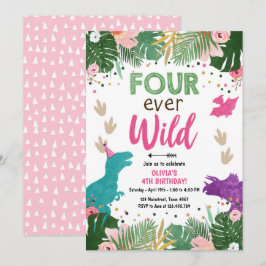 Fyra gånger om Vilden Dino Girl Rosa Dinosaur Birt Inbjudningar
