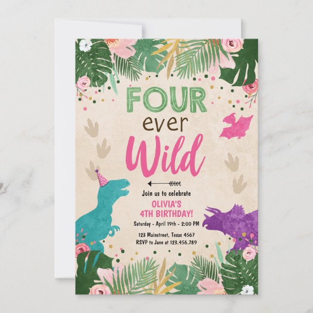Fyra gånger om Vilden Dino Girl Rosa Dinosaur Birt Inbjudningar (Framsida)