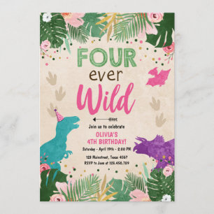 Fyra gånger om Vilden Dino Girl Rosa Dinosaur Birt Inbjudningar