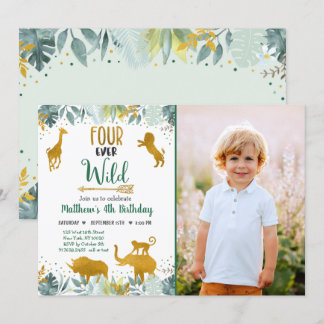 Fyra gånger om Vilden Greenery Guld Safari Birthda Inbjudningar