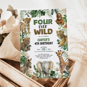 Fyra gånger om Vilden Jungle Animals 4e födelsedag Inbjudningar
