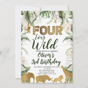 Fyra gånger om Vilden Safari Animal Birthday, Safa Inbjudningar