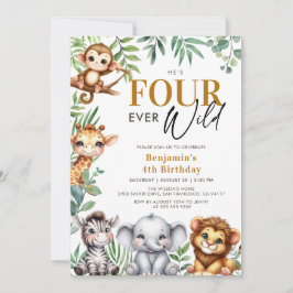 Fyra gånger om Vilden Safari Jungle Animals 4e föd Inbjudningar