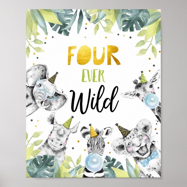 Fyra gånger om Vilden Safari Party Animals födelse Poster (Framsidan)