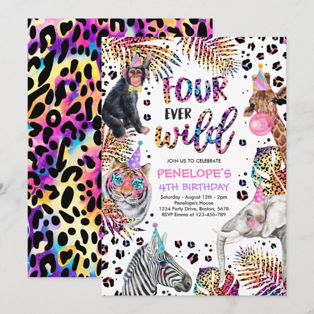 Fyra gånger om Vilden Safari Rainbow Cheetah 4e fö Inbjudningar (Fram/baksida)