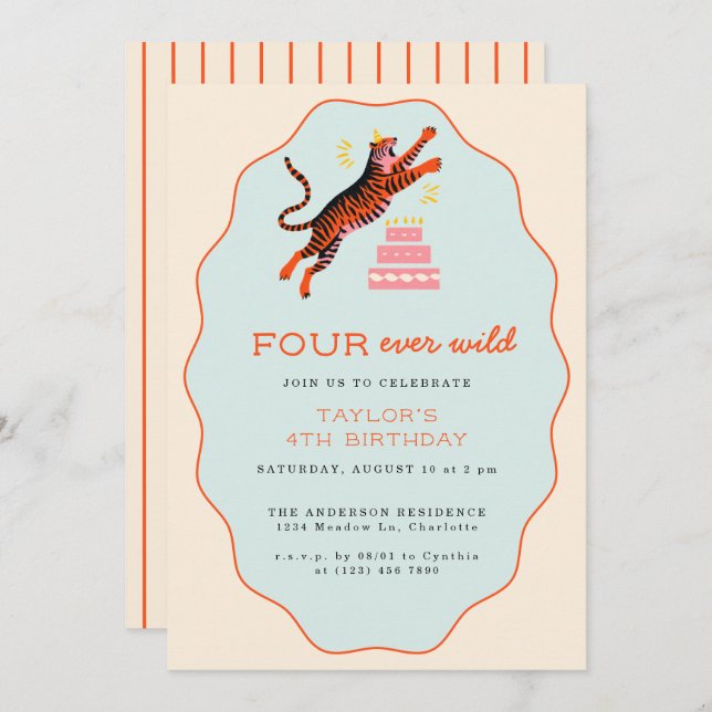 Fyra gånger om Vilden Tiger Kids 4e födelsedagen Inbjudningar (Fram/baksida)