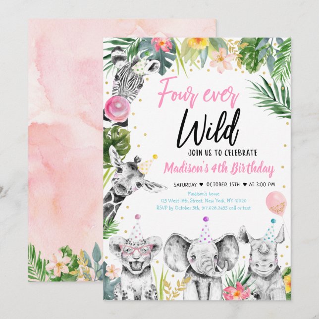 Fyra gånger om Vilden Tropical Safari Girl Birthda Inbjudningar (Fram/baksida)