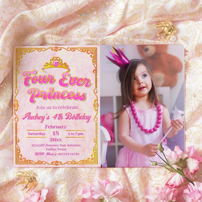 Fyra gånger prinsessa - inbjudan till Girl 4e föde (Four Ever Princess - Girl 4th Birthday Landscape Invitation with Picture)