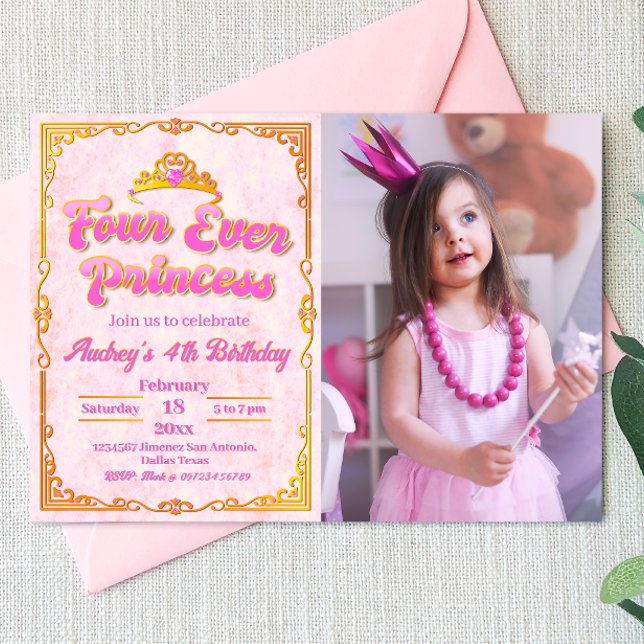 Fyra gånger prinsessa - inbjudan till Girl 4e föde (Four Ever Princess - Girl 4th Birthday Landscape Invitation with Picture)