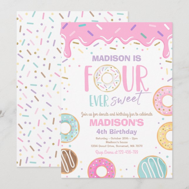 Fyra gånger söta Donut 4e födelsedagen Party Inbjudningar (Fram/baksida)