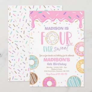 Fyra gånger söta Donut 4e födelsedagen Party Inbjudningar