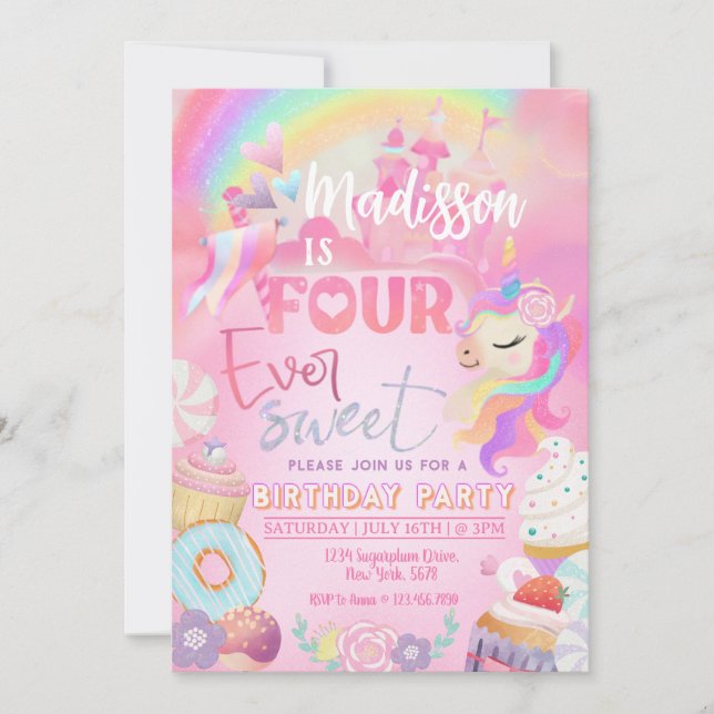 Fyra gånger sötare Unicorn Donut Sweet 4:e Inbjudningar (Framsida)