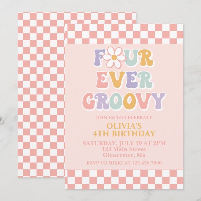 Fyra gånger tidigare Groovy Retro Daisy Checker 4e Inbjudningar (Fram/baksida)