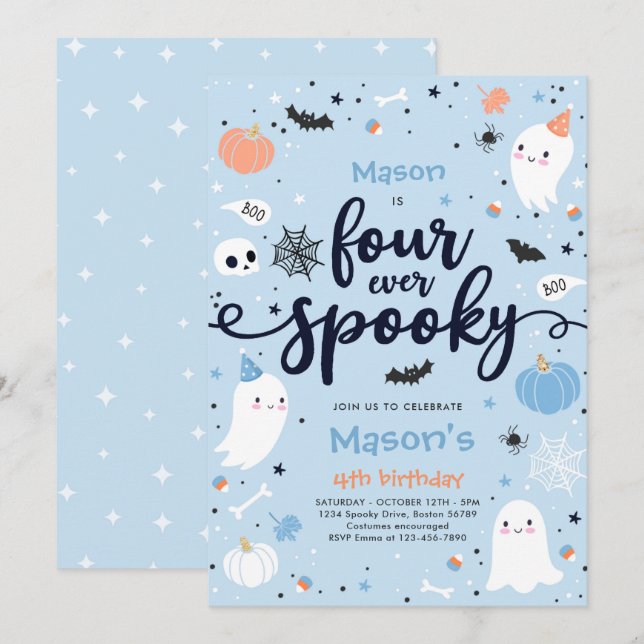 Fyra gånger tidigare taloky Cute Halloween Ghost 4 Inbjudningar (Fram/baksida)