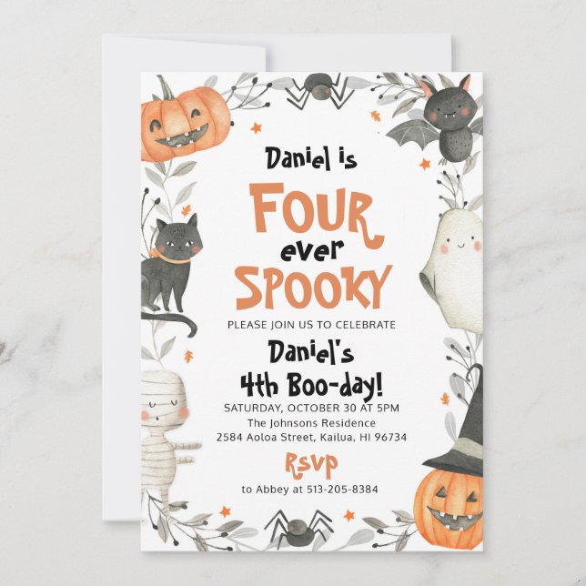 Fyra gånger tidigare taloky Cute Halloween Ghost 4 Inbjudningar (Framsida)