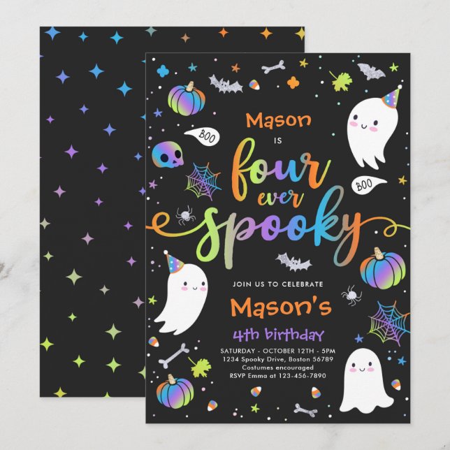 Fyra gånger tidigare taloky Cute Halloween Ghost 4 Inbjudningar (Fram/baksida)