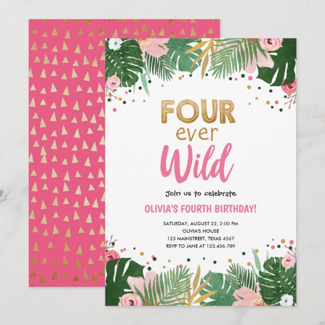 Fyra gånger tidigare Tropical Safari Girl Birthday Inbjudningar (Fram/baksida)