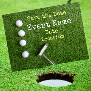 Fyra golfbollar med putter Save the Date Meddelande Vykort