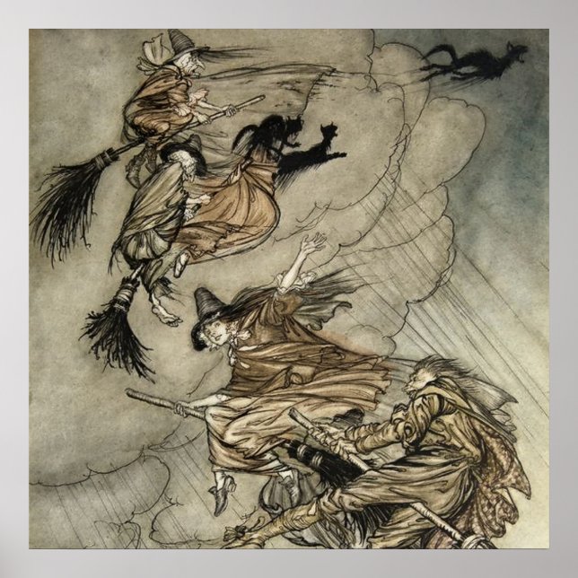 Fyra häxor "Upp genom skorstenen" av Arthur Rackam Poster (Framsidan)
