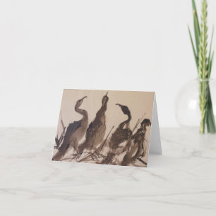 Fyra Herons på stranden; vattenfärgnotecard Kort