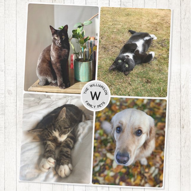 Fyra husdjursfoto Personlig monogram-souvenir Fleecefilt (Four pet photo personalized monogram initial family name keepsake fleece blanket)