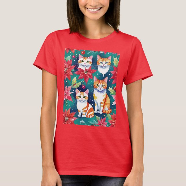 Fyra jular Tabby katt med Poinsettias T Shirt (Framsida)