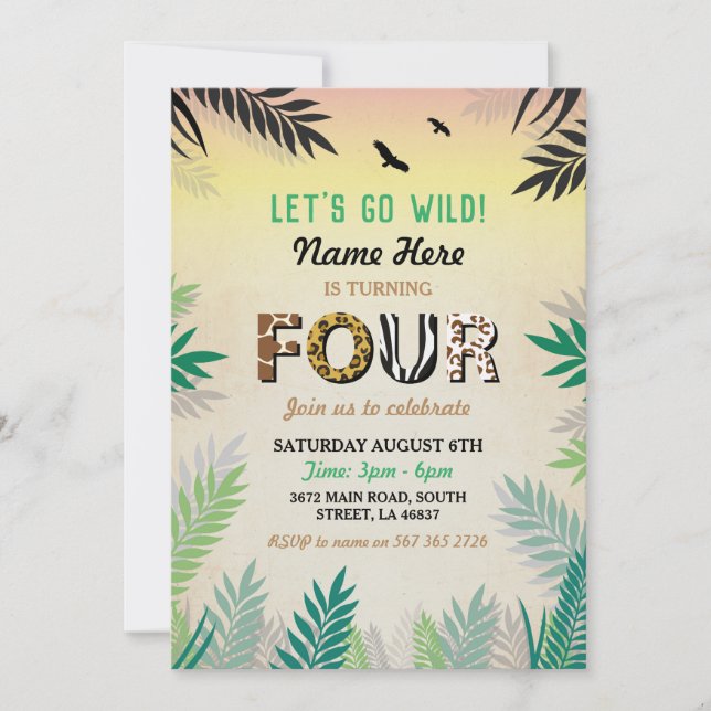Fyra Jungle 4e födelsedagen Party Safari ZOO Inbju Inbjudningar (Framsida)