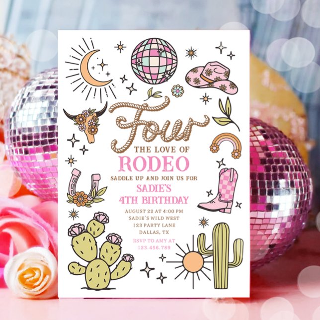 Fyra Kärlek vid Rodeo Disco Cowgirl Birthday Inbjudningar (Skapare uppladdad)