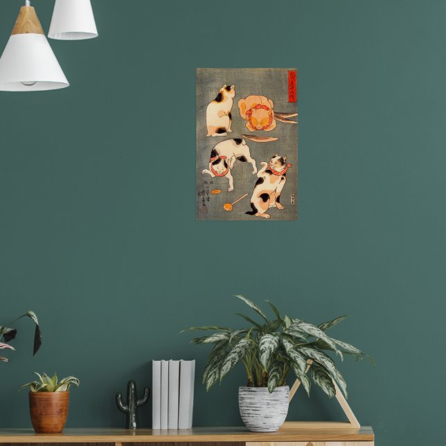 Fyra katter i olika poser som illustrerar japanska poster (Vardagsrum 1)