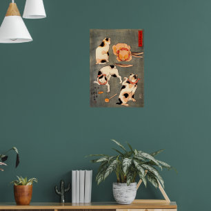 Fyra katter i olika poser som illustrerar japanska poster