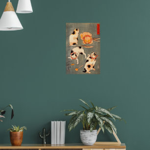 Fyra katter olika kapslar som illustrerar japanska poster