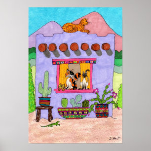 Fyra katter på en Lila i Adobe House Poster