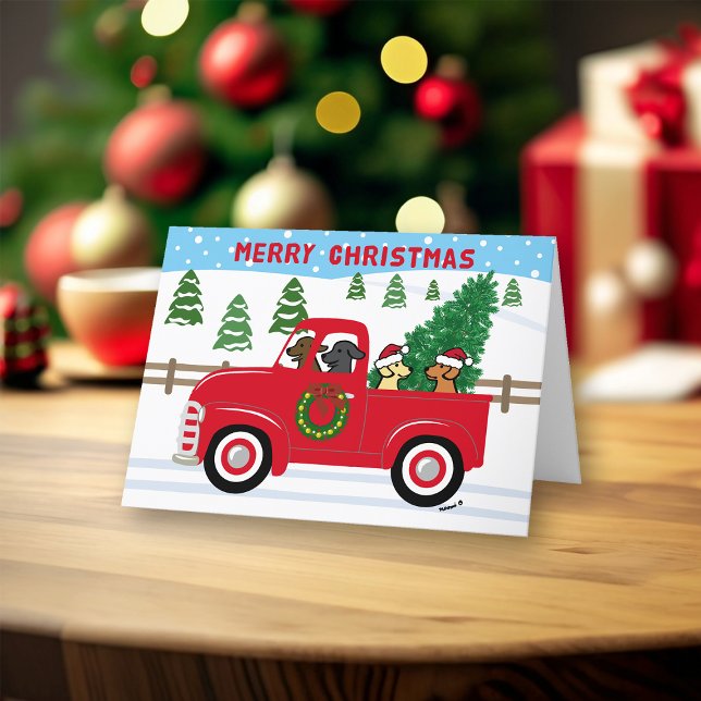 Fyra Labradors Red Lastbil jul Helgkort (Four Labradors and Vintage Red Truck design Christmas Cards for Labrador Owners. Festive design.)