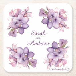 Fyra Lilah Flower: Personlig Bröllop Underlägg Papper Kvadrat