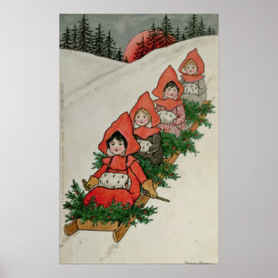 Fyra liten flicka på en pulka poster