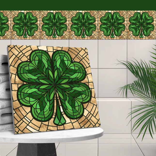 Fyra löv-klöver - Grönt Marble och Guld Mosaic Kakelplatta (Skapare uppladdad)