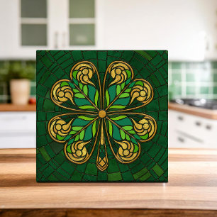 Fyra löv-klöver - Grönt och Guld-Mosaik Kakelplatta