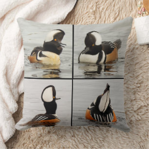 Fyra lustigt Ansikte av Hooded Mergansers Anka Kudde