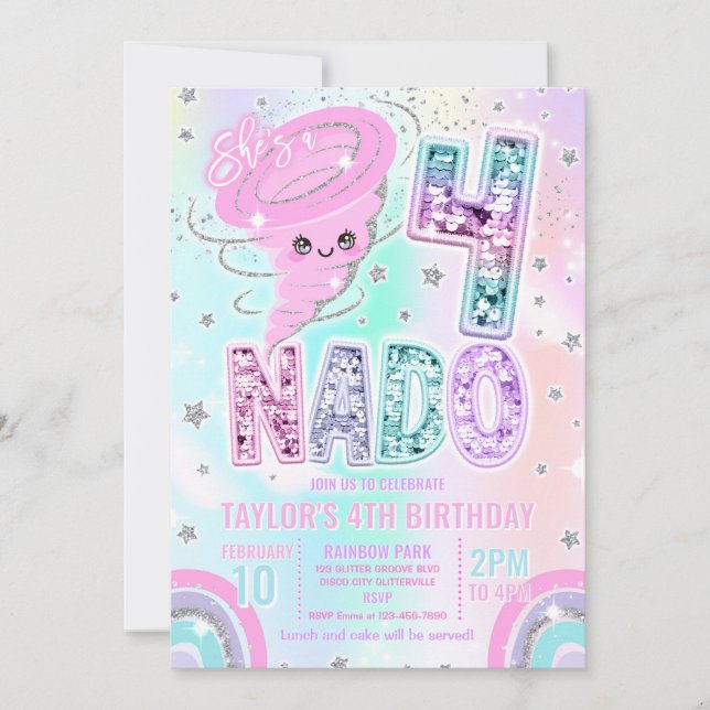 Fyra Nado Rainbow Glitter 4-års födelsedagsfest Inbjudningar (Framsida)
