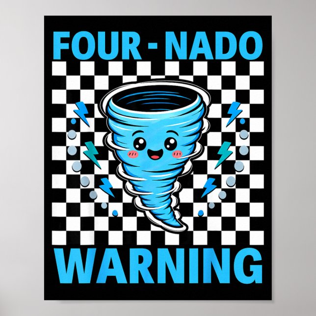 Fyra nado varning 4-års födelsedag 4 år gamla barn poster (Framsidan)