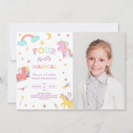 Fyra någonsin Magic Unicorn 4e födelsedagen Photo Inbjudningar