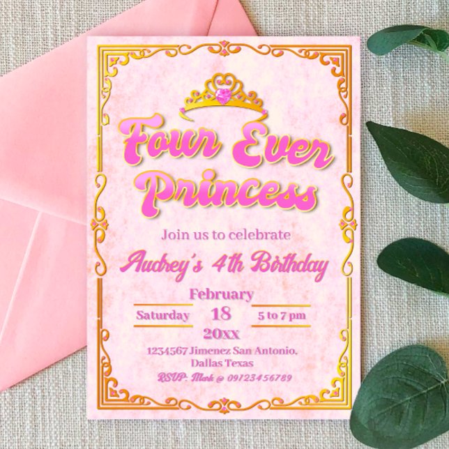Fyra någonsin prinsessan - Girl 4e födelsedagen Inbjudningar (Four Ever Princess - Girl 4th Birthday Invitation)