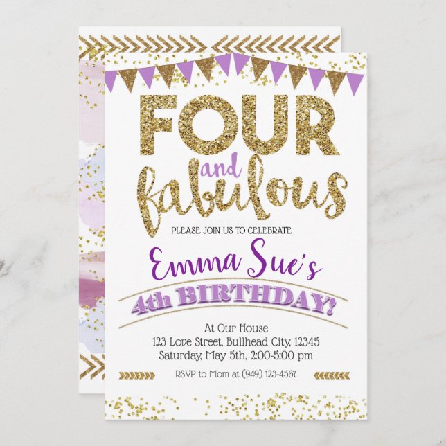 Fyra och Fabulous Girls Lila 4e födelsedagen Inbjudningar (Fram/baksida)