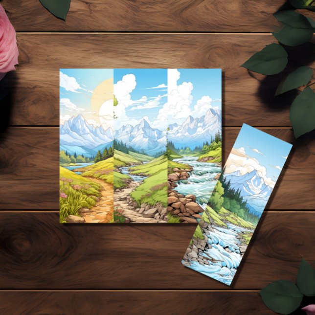 Fyra paket liggande Bokmärken (för återförsäljning Inbjudningar (Image shows a set of four landscape bookmarks lying on top of a wooden table.)